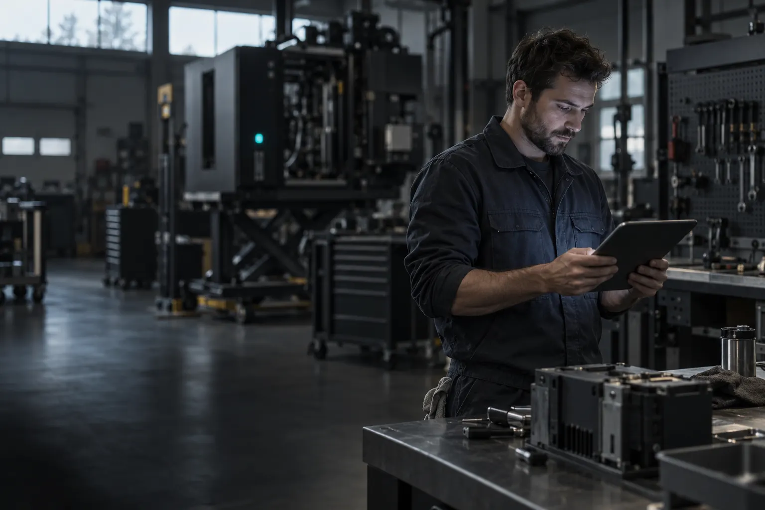 A technician in a service bay watching a lesson on a tablet.